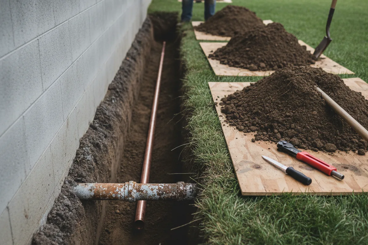 Excavated water line trench during Water Softener Installation in Fort Smith